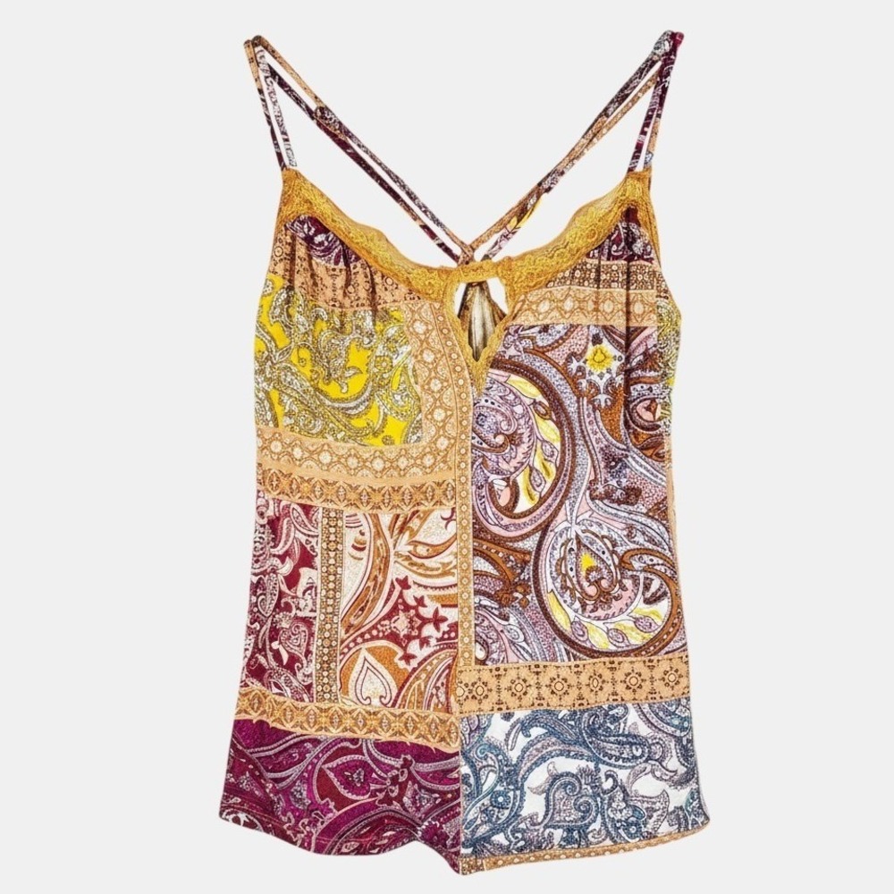 Polly & Esther S Paisley Cami Crochet Trim Tank Boho Festival Keyhole Back